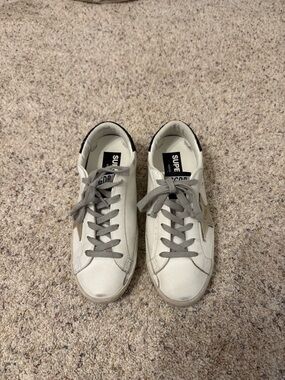 Golden Goose White Sneakers with Gray Laces and Black Sequin Heel